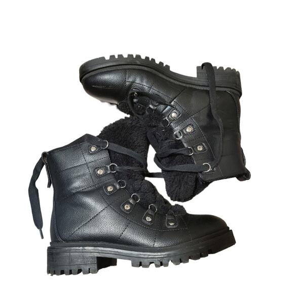 Nine West Black Faux Fur lined Leather Combat Boot 1.5" Heel Size 7.5 - Picture 1 of 7